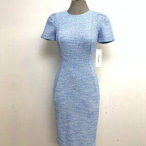 Calvin Klein Elegant Serene Blue Tweed Short Sleeve Sheath Dress